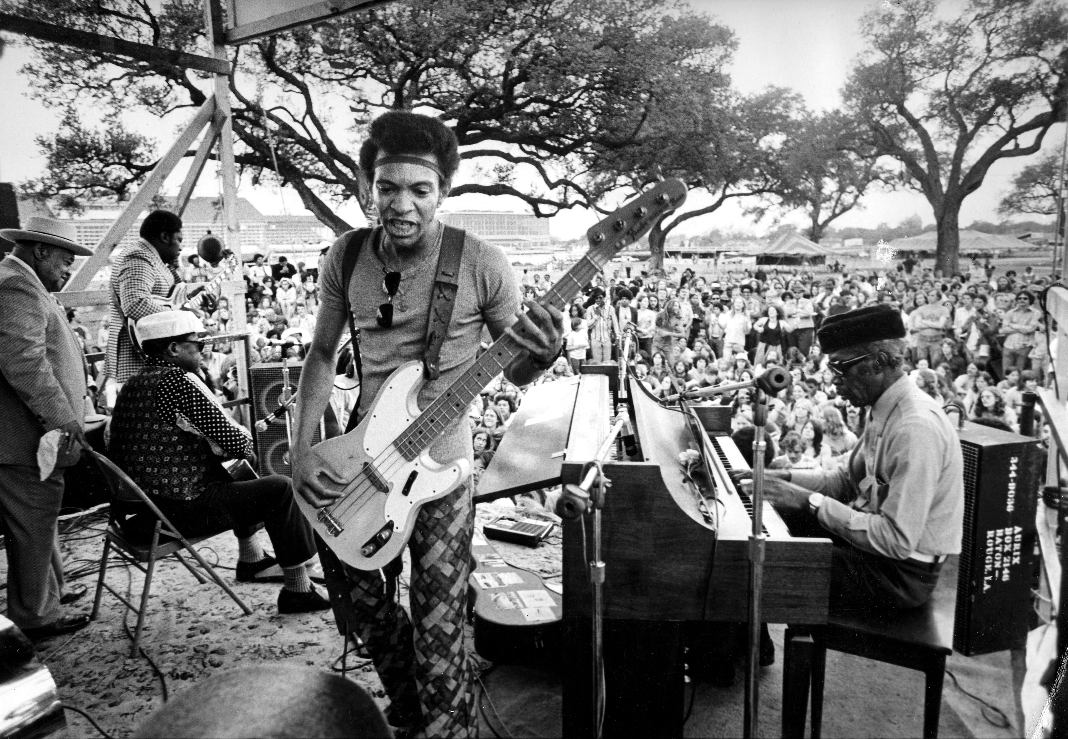 George Porter Jr. and Professor Longhair at the New Orleans Jazz Festival, 1973. Photo by Michael P. Smith.